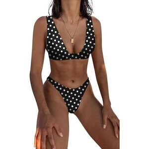 Miketai‎ Womens Polka Dot Bikini Set Black White High Cut Cheeky Thong Medium